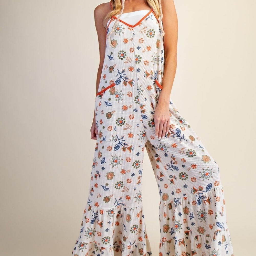 3-0326 *Boutique* Wide Leg Ruffle Bottom Flower Retro Waffle Jumpsuit - Picture 5 of 5